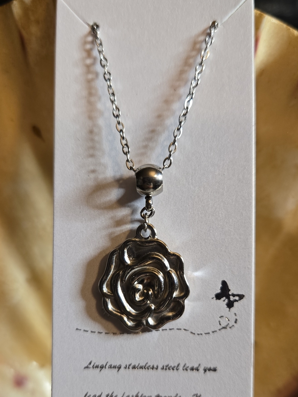Stainless Steel Silver Rose Pendant Necklace - Elegant Floral Charm